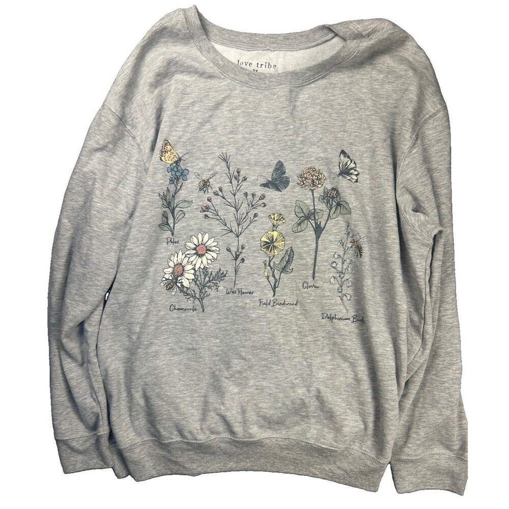 Love Tribe Floral Botanical Graphic Sweatshirt 3X Heather Gray Crew Neck NWT